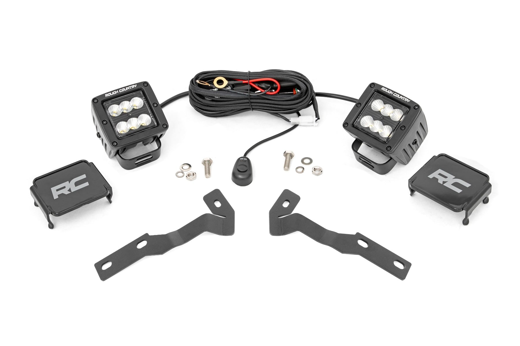 Rough Country LED Light Kit Ditch Mount 2″ Black Pair Flood Toyota Tacoma (16-23)