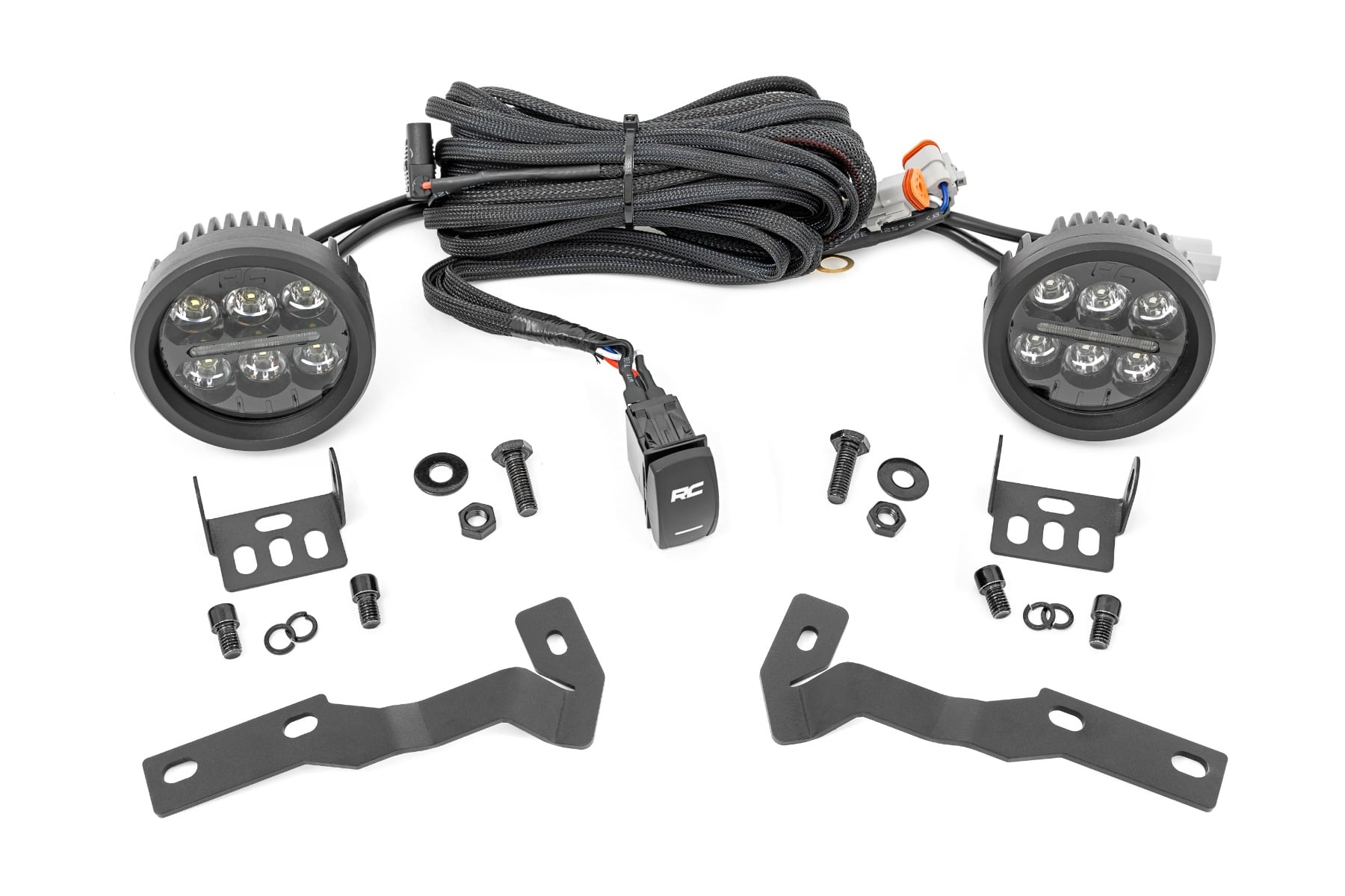 Rough Country LED Light Kit Ditch Mount Black Series Round 3.5 Inch Amber DRL Toyota Tacoma (16-23)