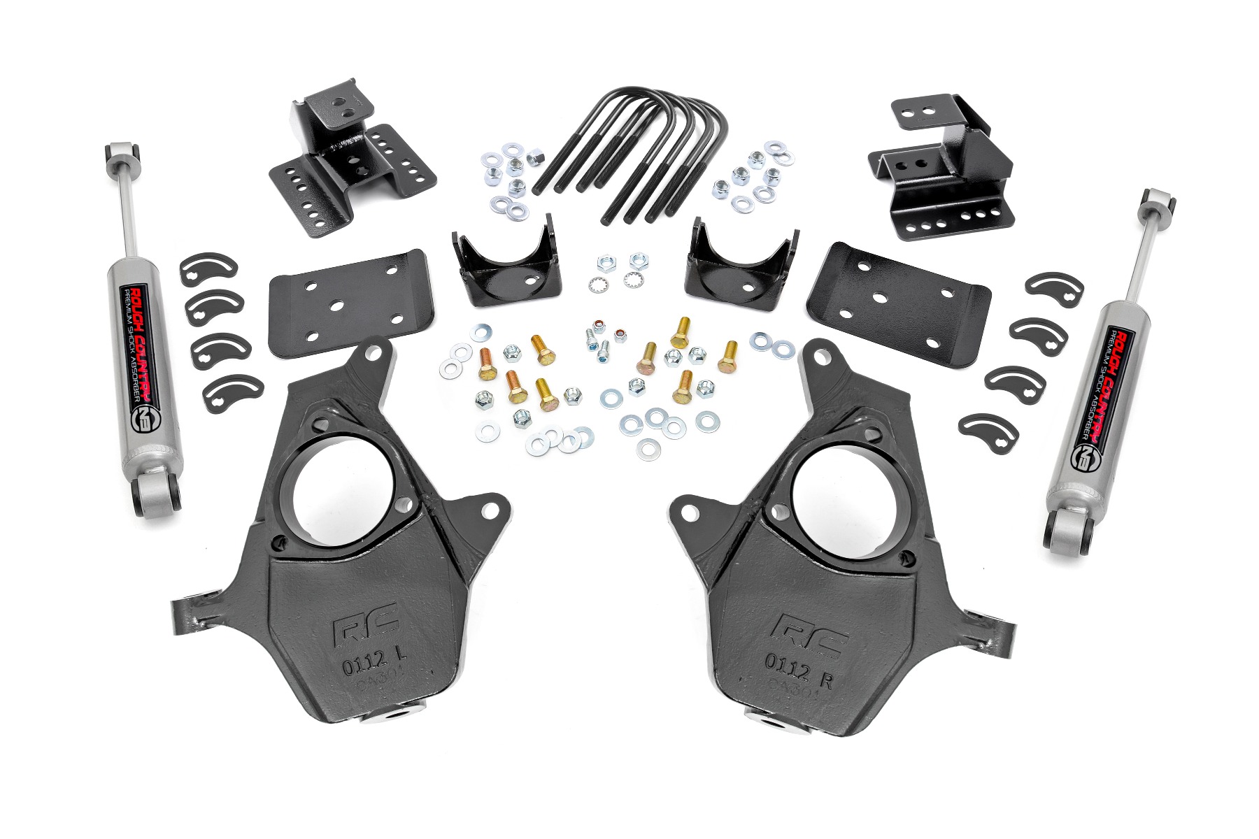 Rough Country 2 Inch Lowering Kit 4 Inch Rear Lowering Alum/Stamped Knuckle Chevy/GMC 1500 (14-18)