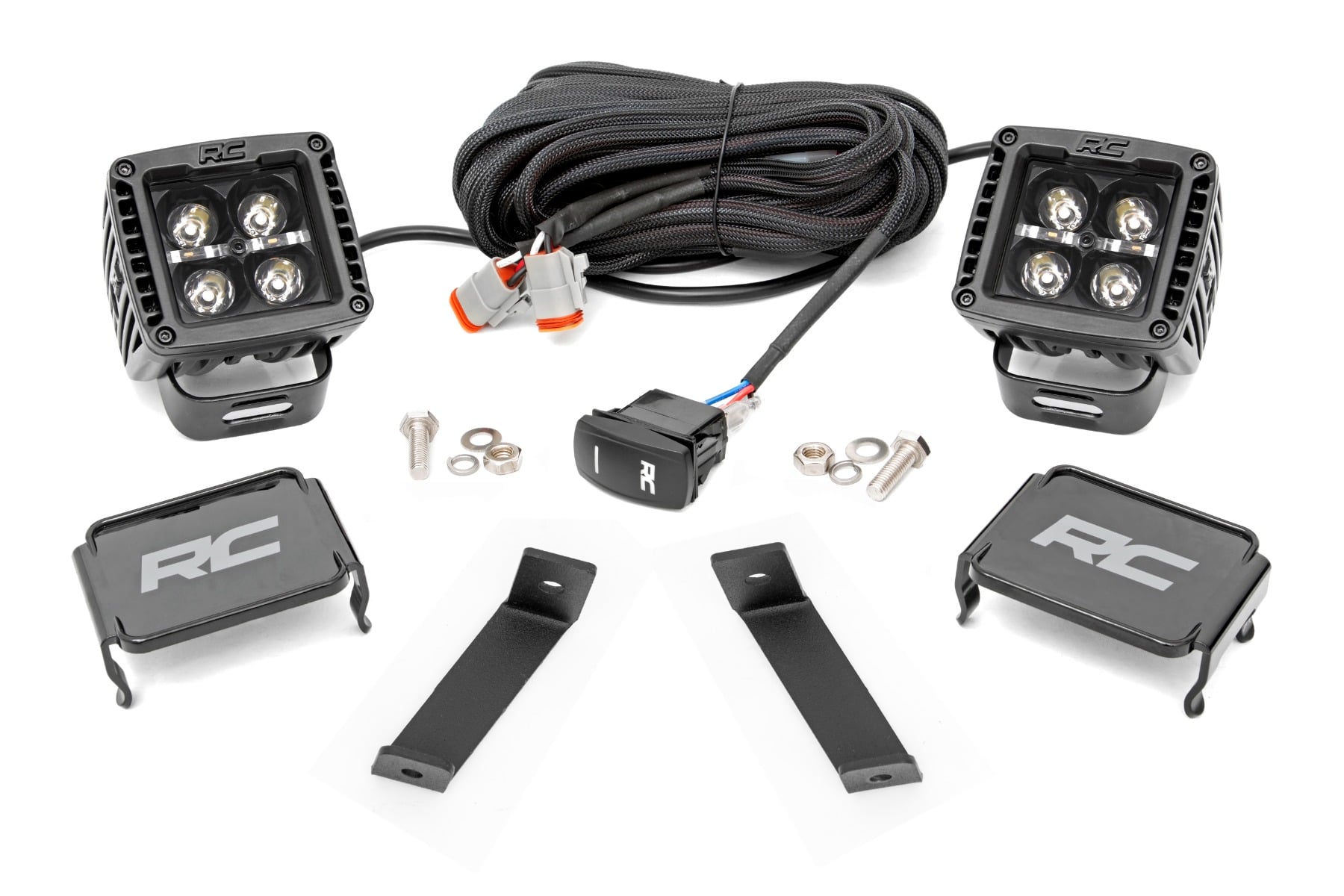 Rough Country LED Light Kit Ditch Mount 2″ Black Pair White DRL Jeep Cherokee KL (14-21)