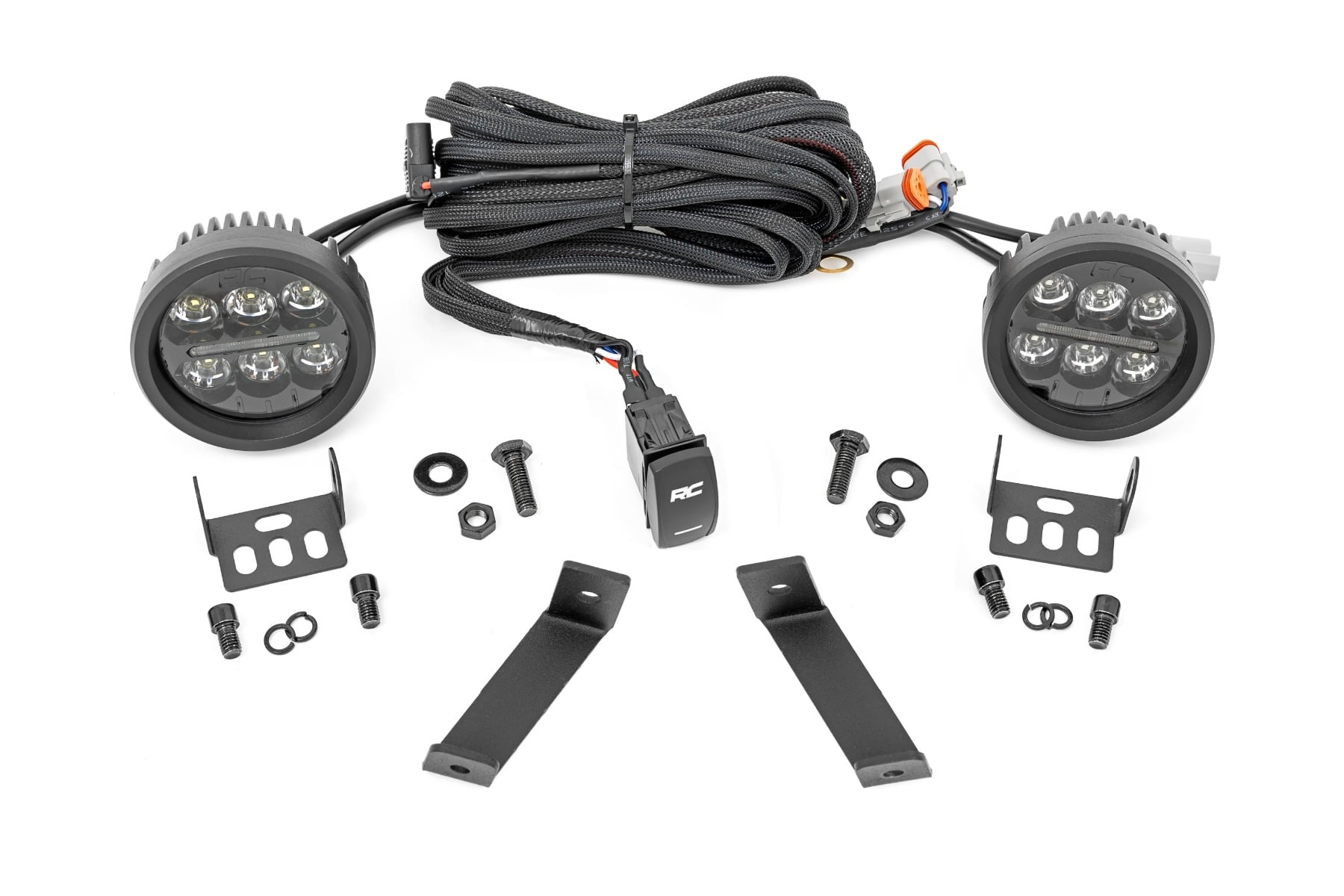 Rough Country LED Light Kit Ditch Mount Black Series Round 3.5 Inch Amber DRL Jeep Cherokee KL (14-21)