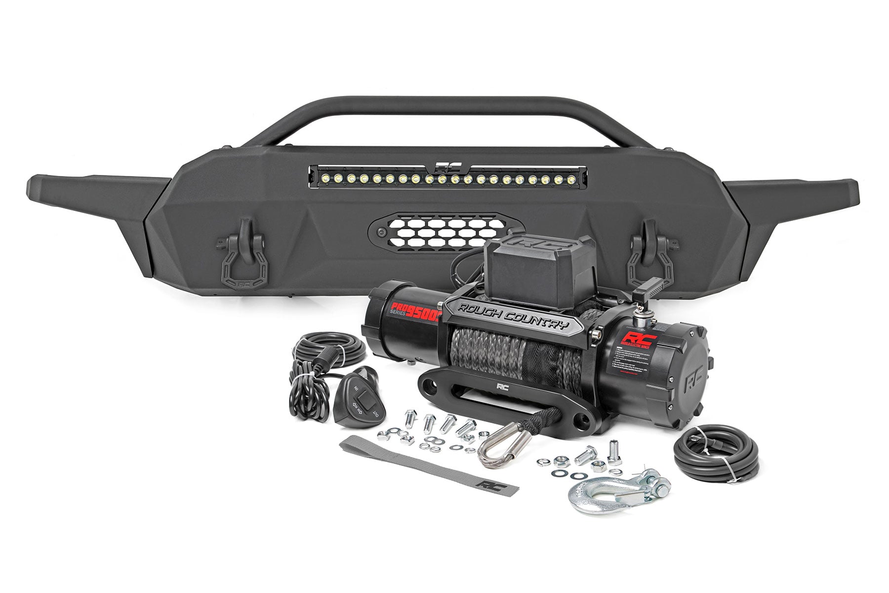 Rough Country Front Bumper Hybrid 20″ Blk LED 9500-Lb Winch Syn Toyota Tacoma (16-23)
