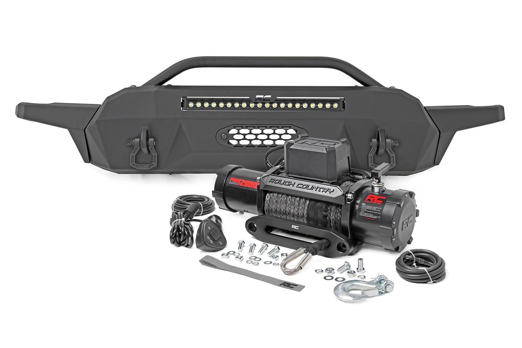 Rough Country Front Bumper Hybrid 20″ Blk LED 12000-Lb Winch Syn Toyota Tacoma (16-23)