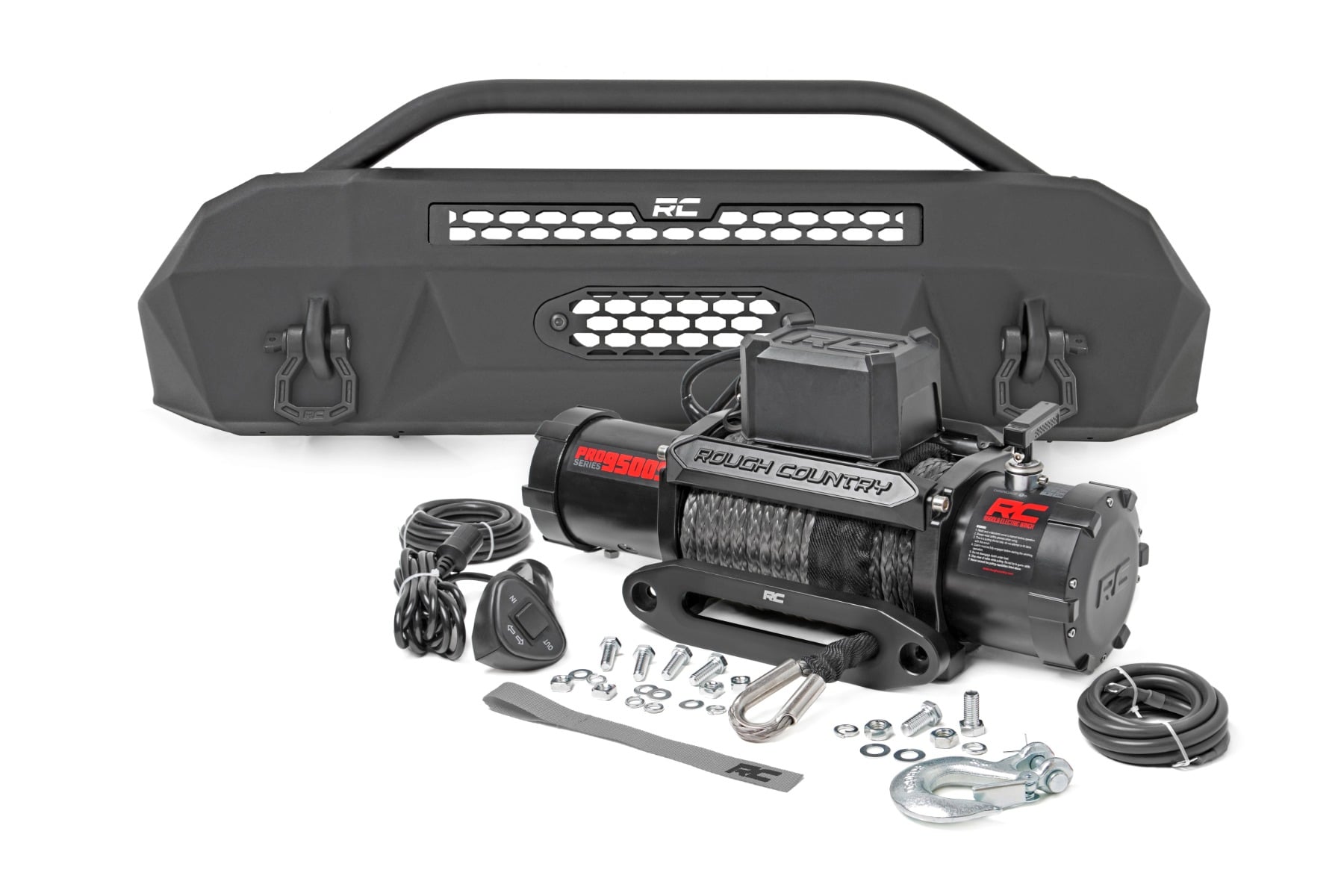 Rough Country Front Bumper Hybrid 9500-Lb Pro Series Winch Synthetic Rope Toyota Tacoma (16-23)