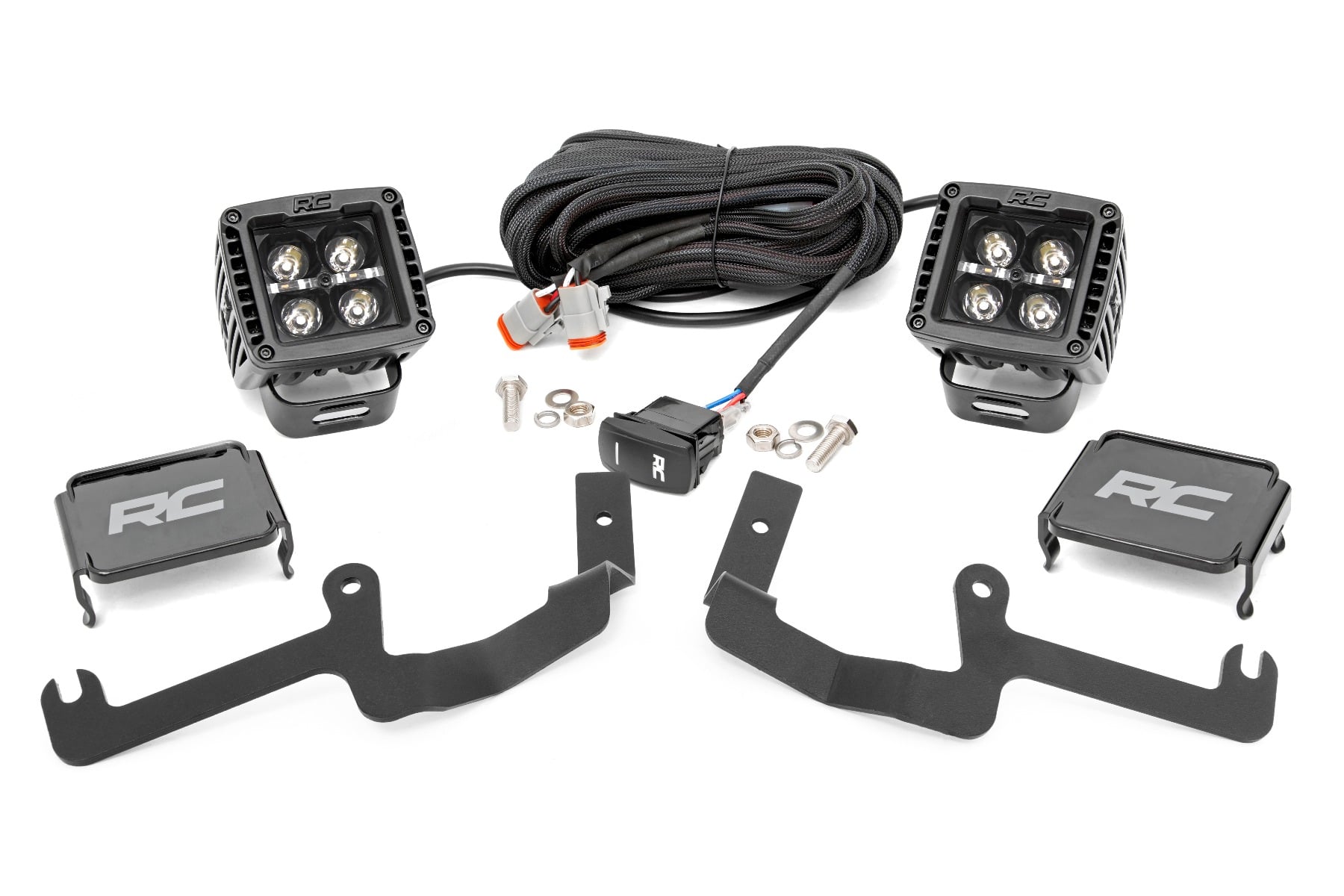 Rough Country LED Light Kit Ditch Mount 2″ Black Pair White DRL Chevy Silverado 1500 (19-26)