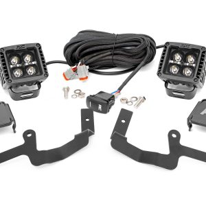 Rough Country LED Light Kit Ditch Mount 2″ Black Pair Amber DRL Chevy Silverado 1500 (19-26)