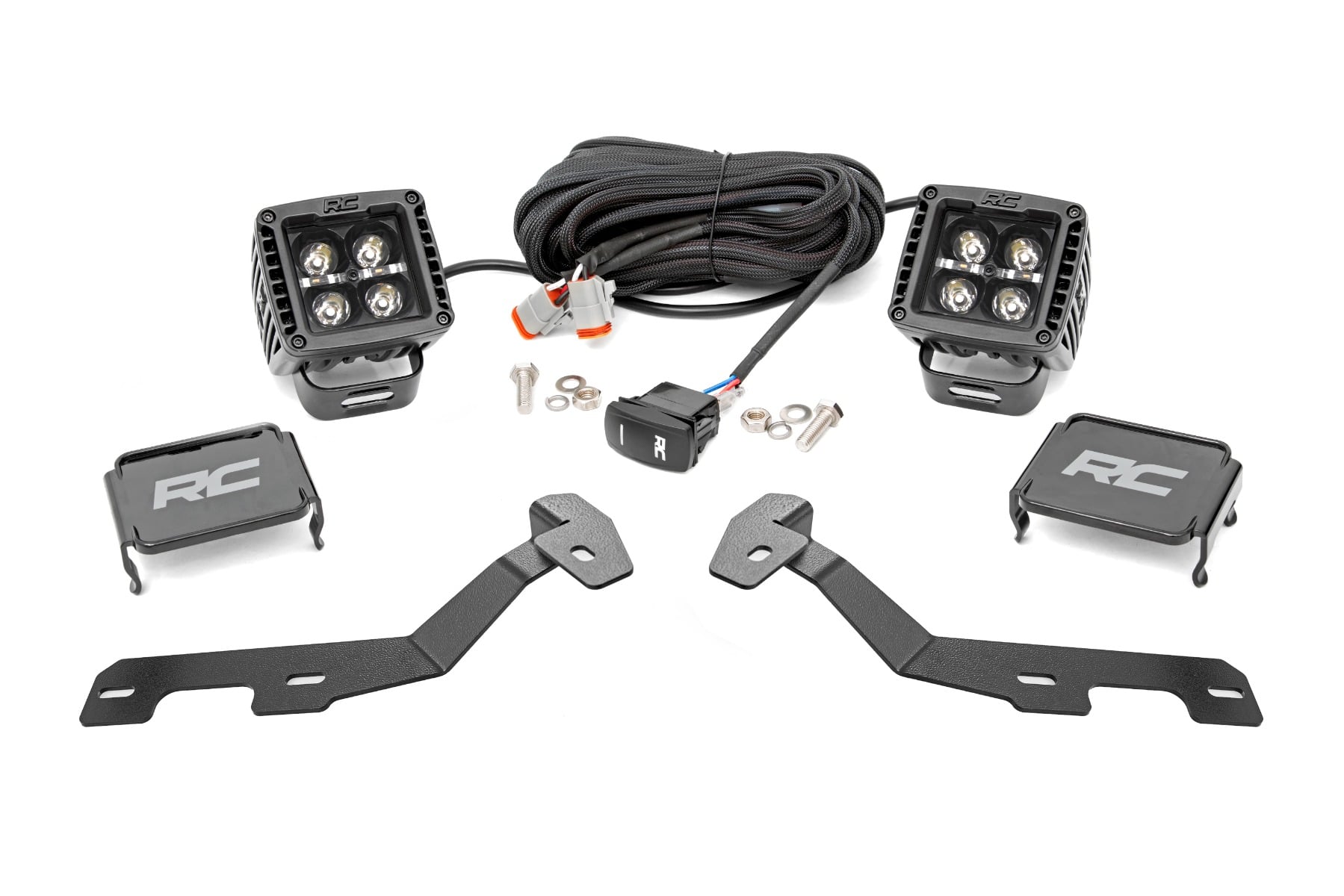 Rough Country LED Light Kit Ditch Mount 2″ Black Pair Amber DRL Ram 1500 (19-26)