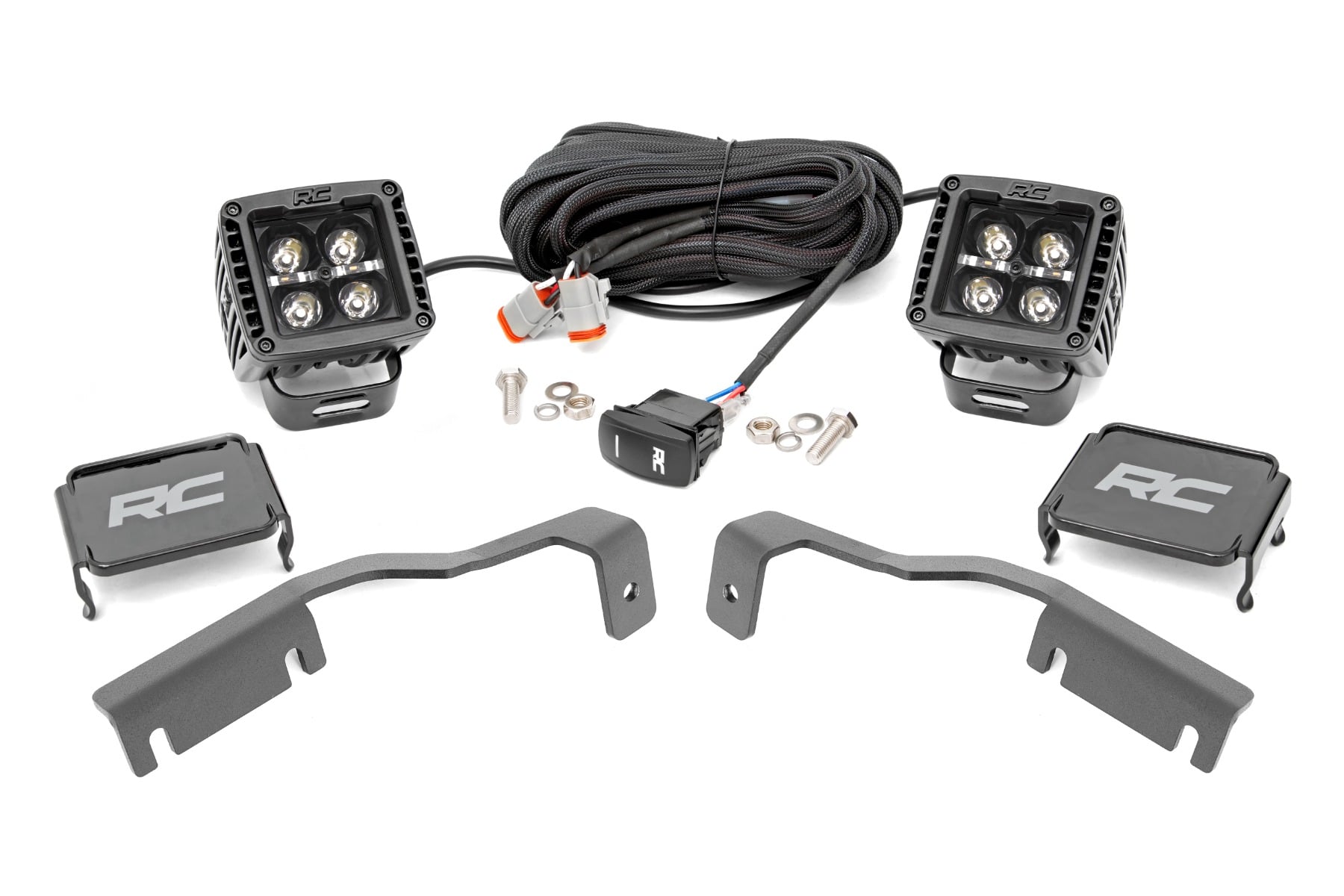 Rough Country LED Light Kit Ditch Mount 2″ Black Pair White DRL Nissan Frontier (22-26)