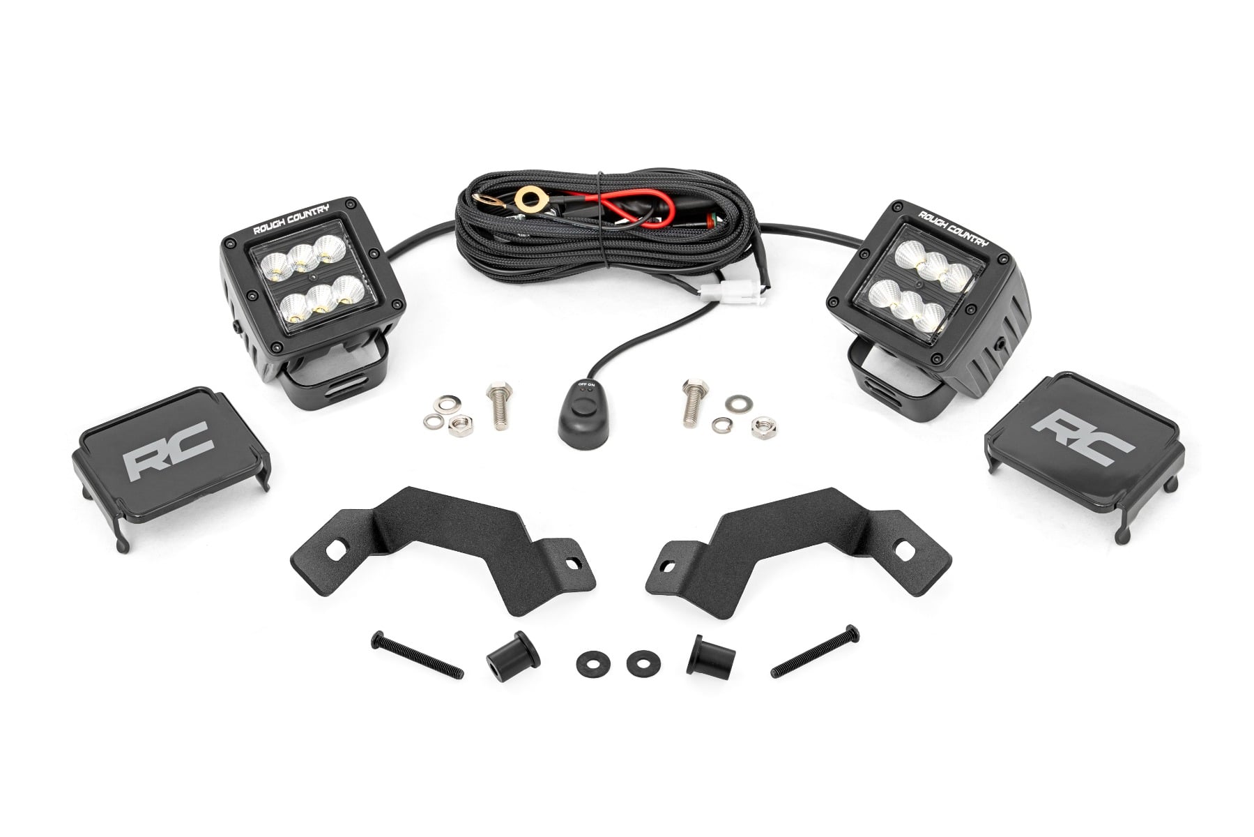 Rough Country LED Light Kit Ditch Mount 2″ Black Pair Flood Toyota Land Cruiser (24-26)