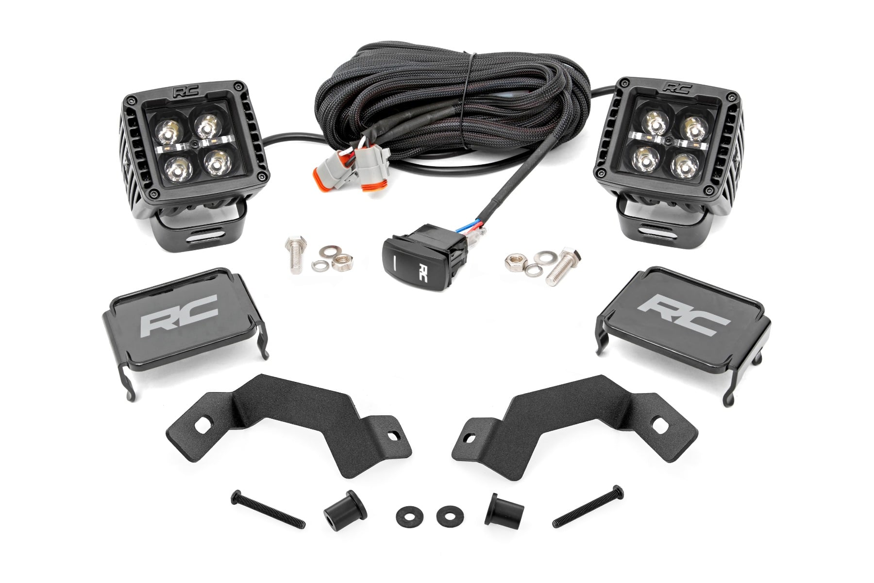 Rough Country LED Light Kit Ditch Mount 2″ Black Pair White DRL Toyota Land Cruiser (24-26)