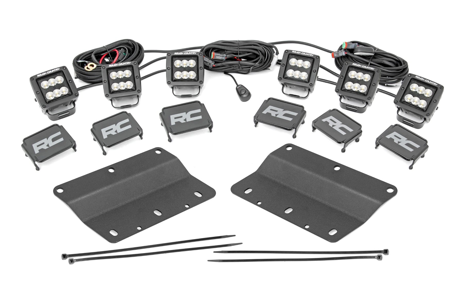 Rough Country LED Light Kit Fog Mount Triple 2″ Black Pair Flood Ford Bronco (21-26)