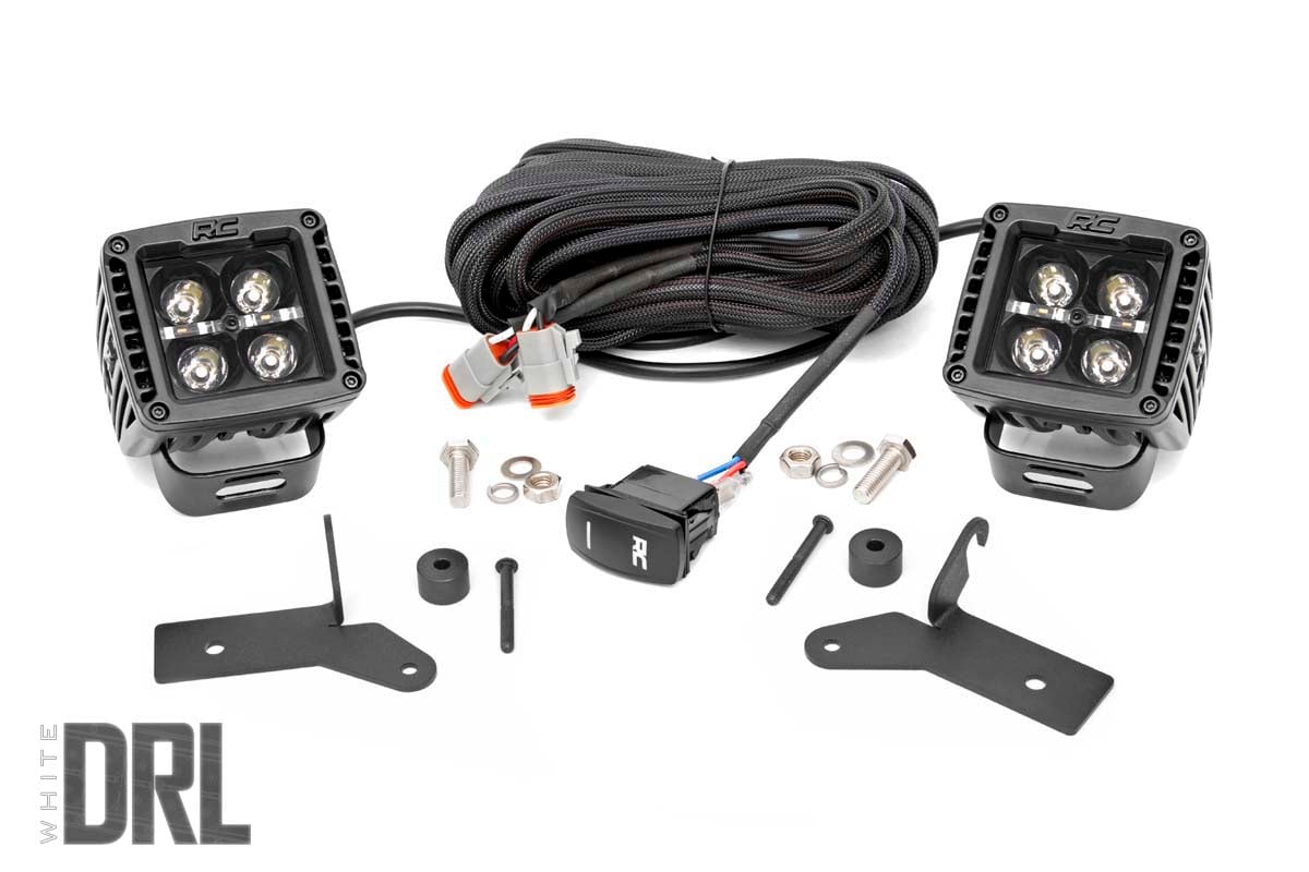 Rough Country LED Light Kit Hinge Mount 2″ Black Pair White DRL Jeep Gladiator JT/Wrangler JL (18-26)