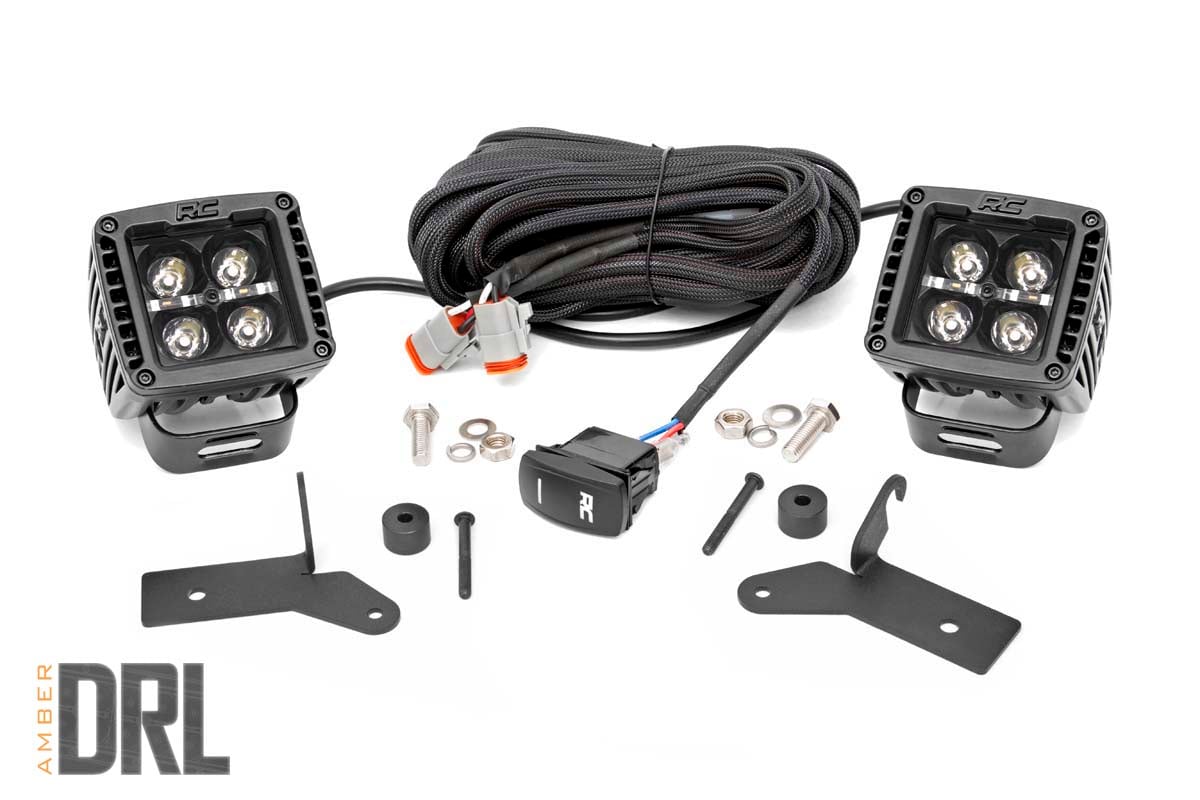 Rough Country LED Light Kit Hinge Mount 2″ Black Pair Amber DRL Jeep Gladiator JT/Wrangler JL (18-26)