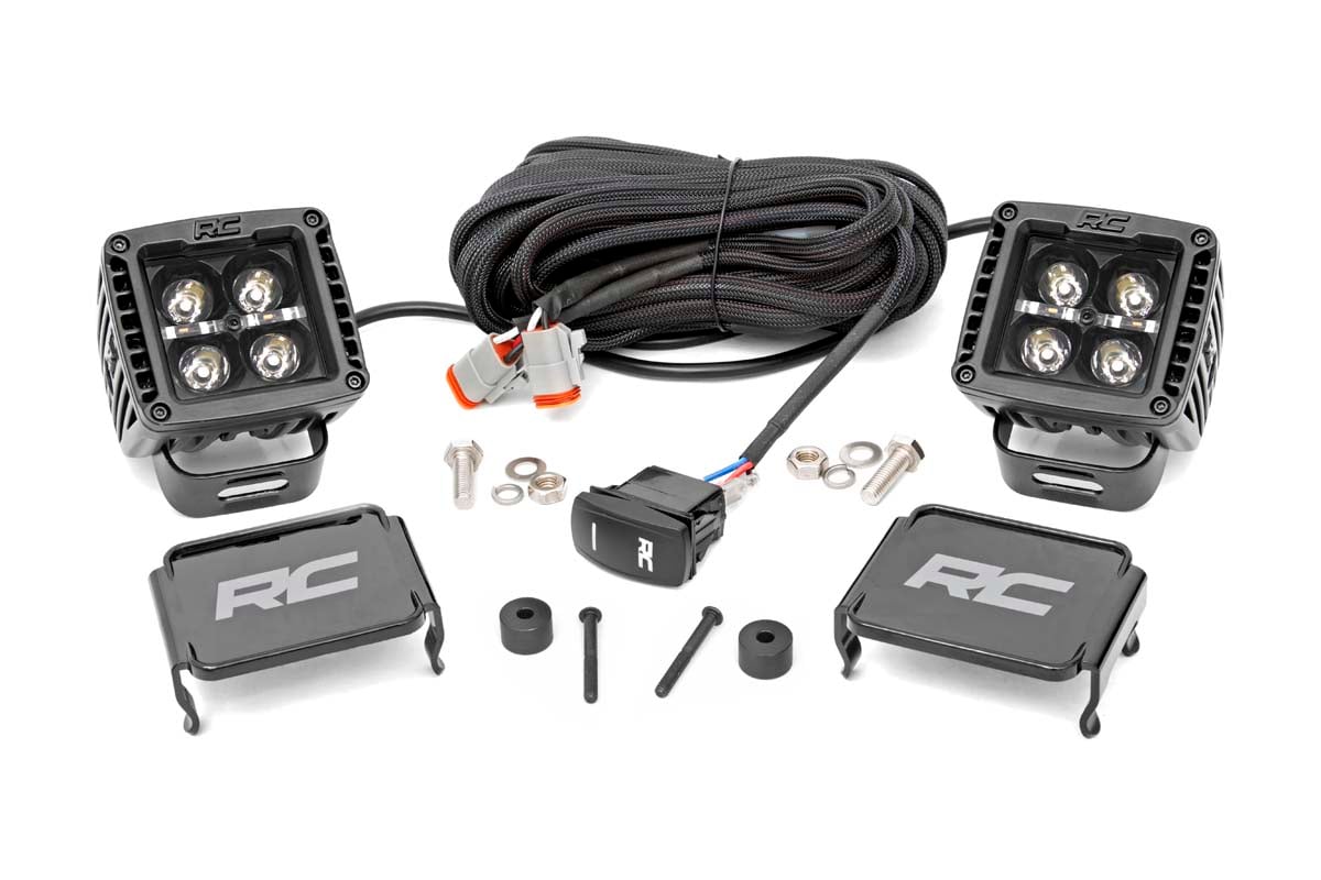 Rough Country LED Light Kit Cowl Mount 2″ Black Pair Amber DRL Jeep Gladiator JT/Wrangler JL (18-26)