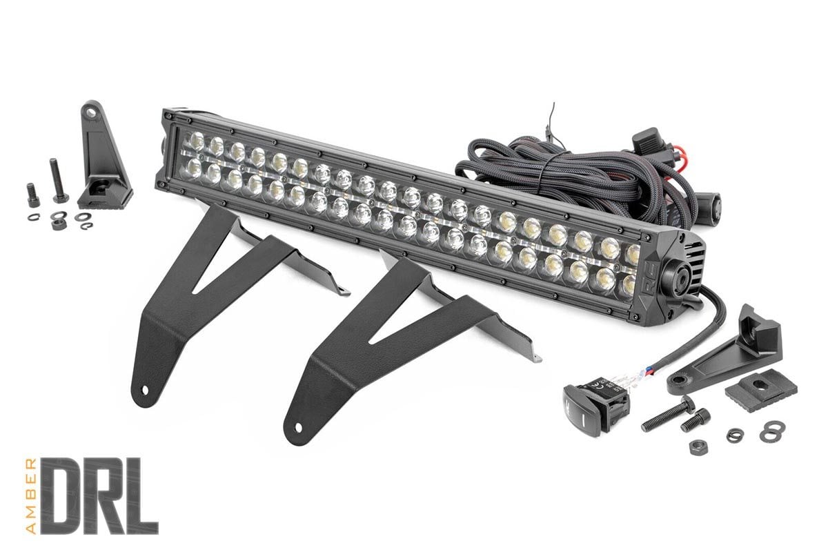 Rough Country LED Light Kit Bumper Mount 20″ Black Dual Row Amber DRL Ram 1500 (19-24)