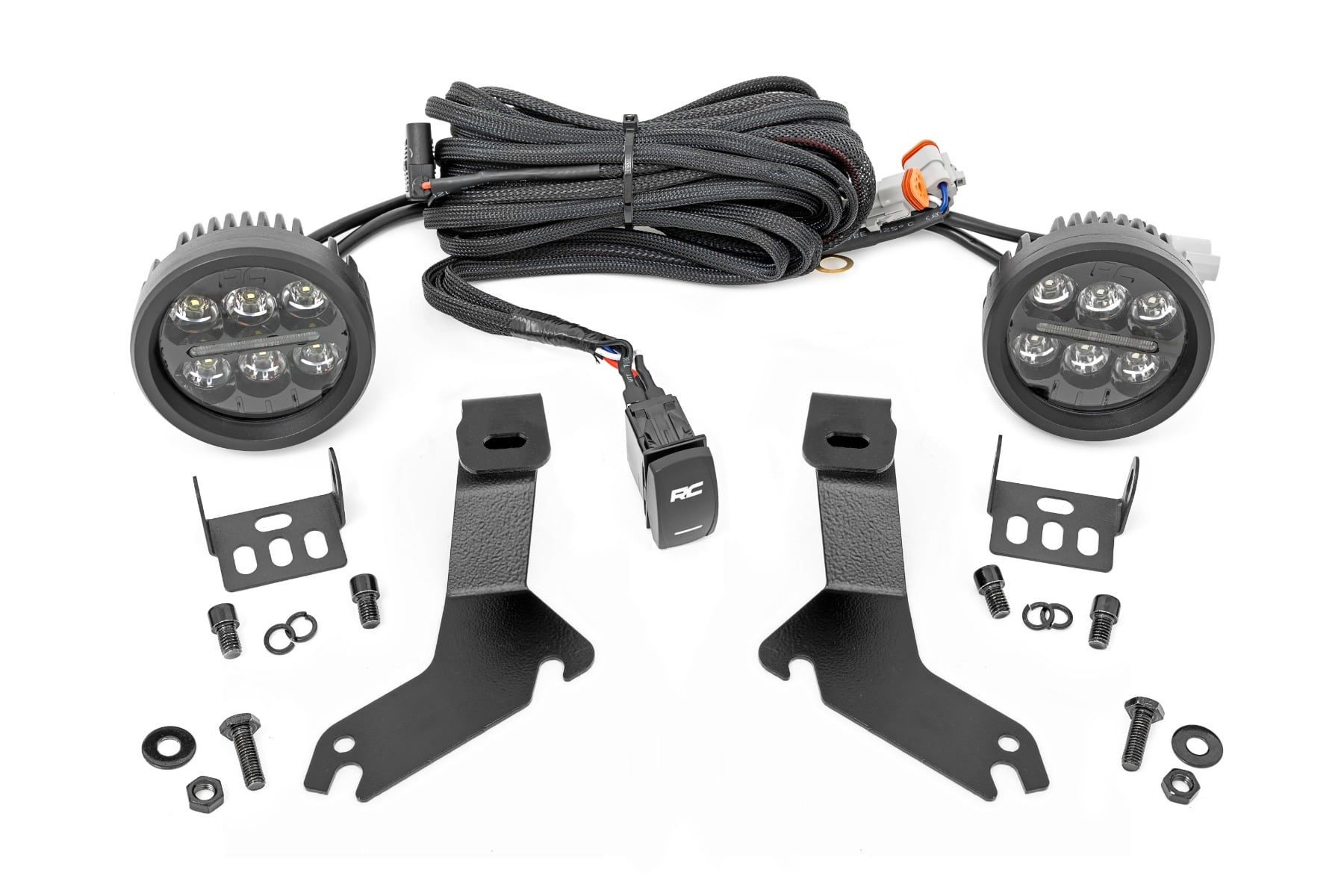 Rough Country LED Light Kit Ditch Mount Black Series Round 3.5 Inch Amber DRL Chevy 1500 (99-06)