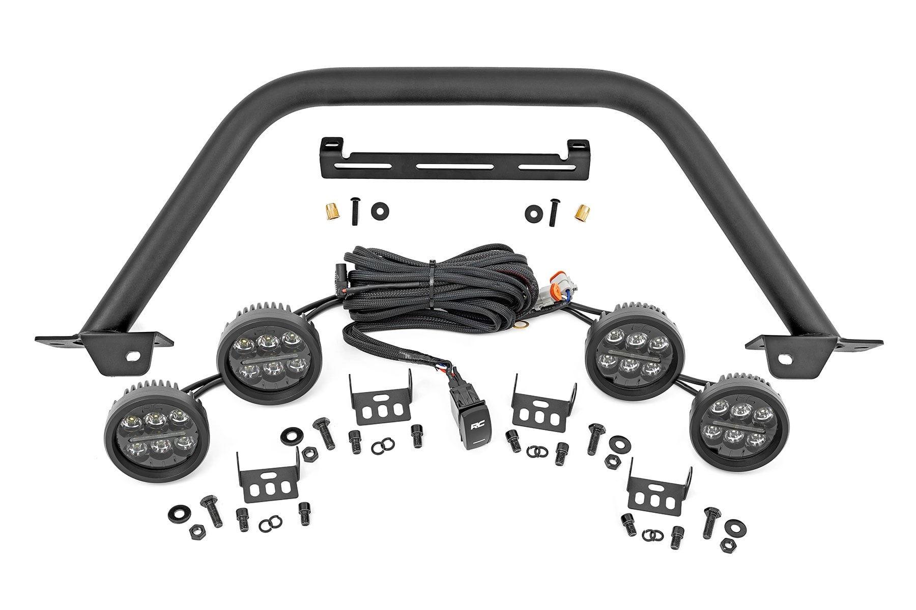 Rough Country Safari Bar 3.5″ Round LED (Quad) Black Amber DRL OE Modular Steel Ford Bronco (21-26)