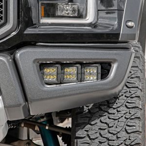 Rough Country LED Light Kit Fog Mount Triple 2″ Black Pair Amber DRL Ford Raptor (17-20)