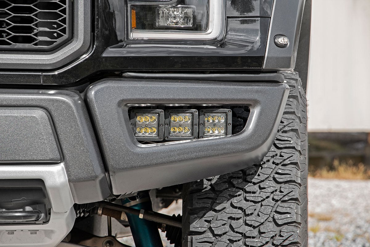 Rough Country LED Light Kit Fog Mount Triple 2″ Black Pair Amber DRL Ford Raptor (17-20)